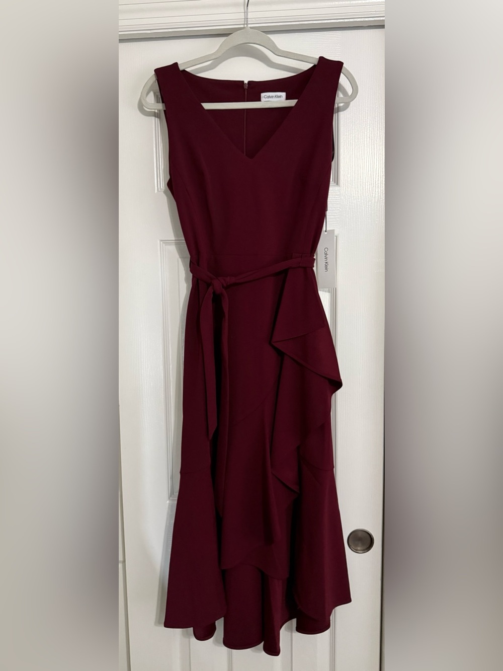Calvin Klein Sleeveless V-Neck High-Low Ruffle Dress in Wine